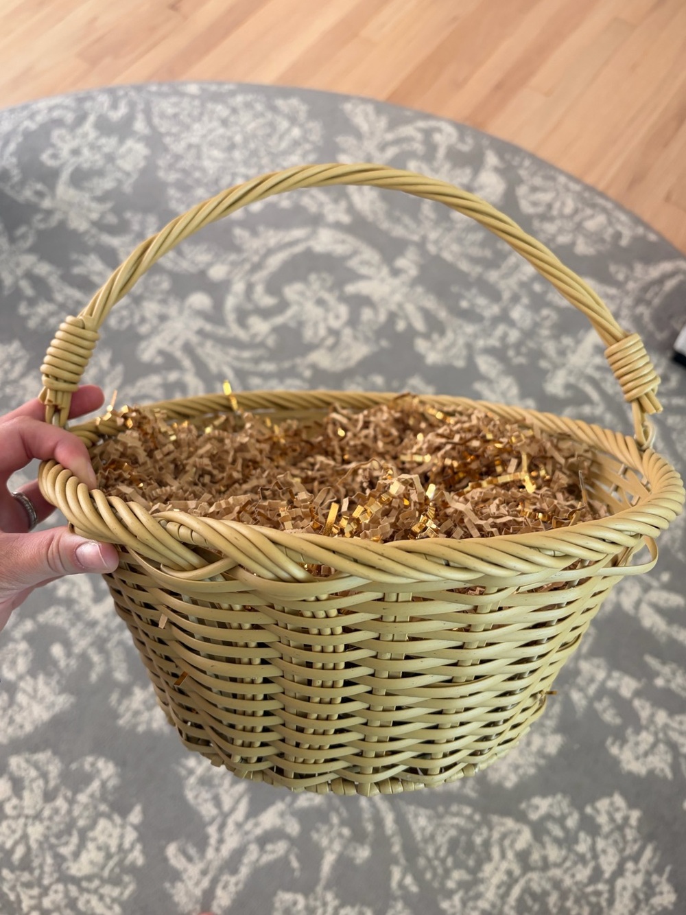Natural Woven Plastic Basket with Handle - Tan